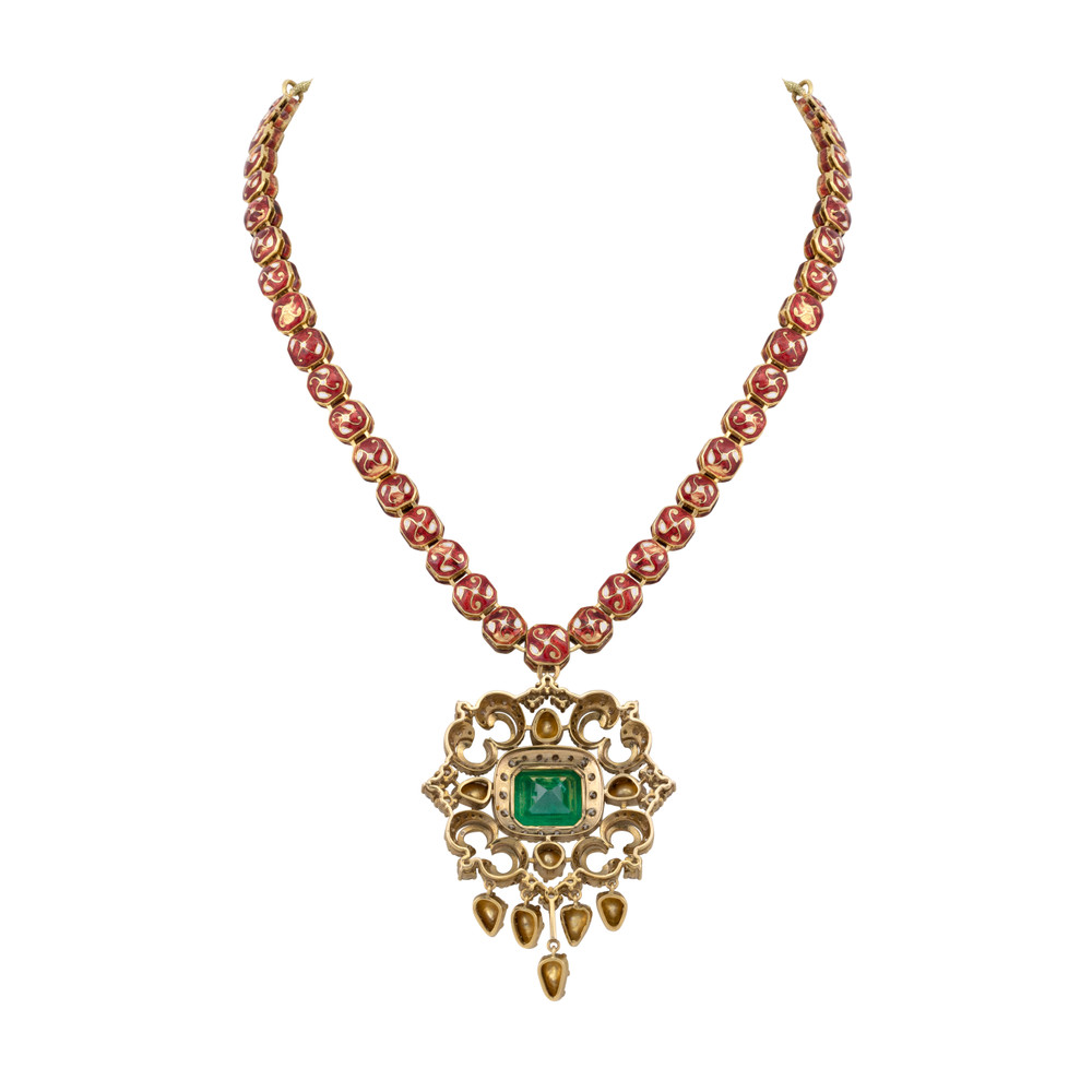 Victorian Pendant with Zambian Emerald and Polki Diamonds